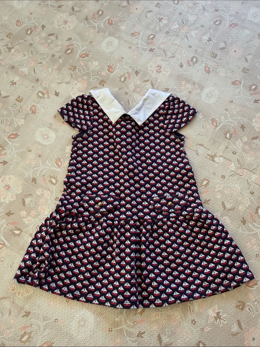 Janie & Jack Navy Sailboat Print Dress with White Peter Pan Collar